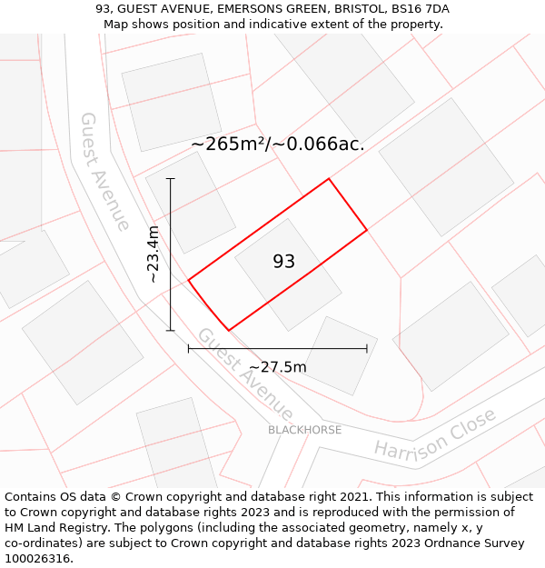 93, GUEST AVENUE, EMERSONS GREEN, BRISTOL, BS16 7DA: Plot and title map