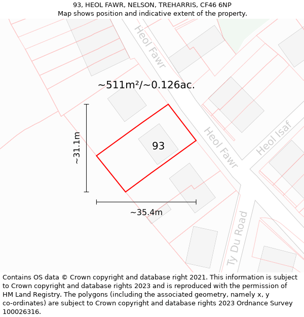 93, HEOL FAWR, NELSON, TREHARRIS, CF46 6NP: Plot and title map