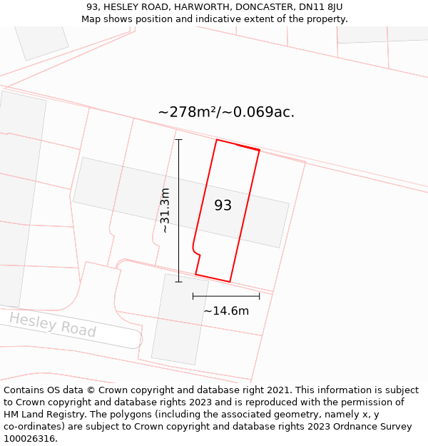 93, HESLEY ROAD, HARWORTH, DONCASTER, DN11 8JU: Plot and title map