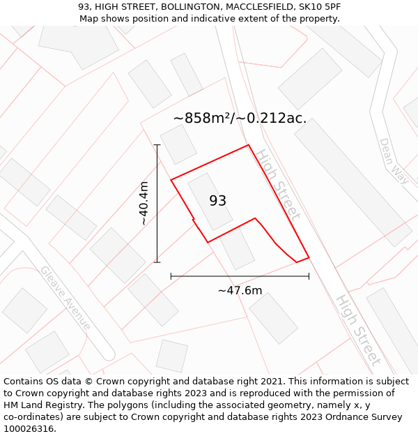 93, HIGH STREET, BOLLINGTON, MACCLESFIELD, SK10 5PF: Plot and title map