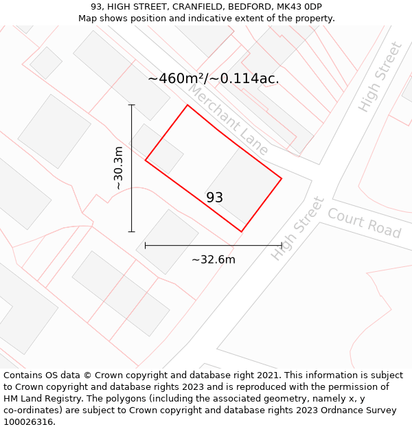 93, HIGH STREET, CRANFIELD, BEDFORD, MK43 0DP: Plot and title map