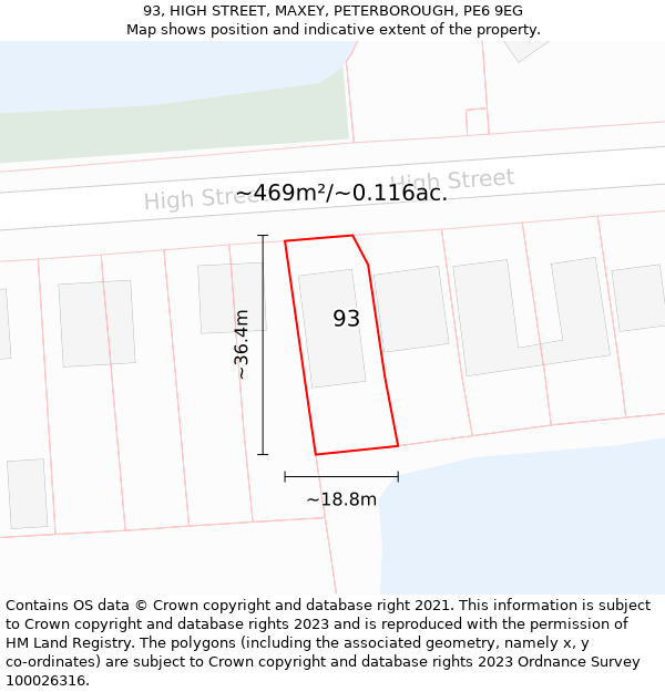 93, HIGH STREET, MAXEY, PETERBOROUGH, PE6 9EG: Plot and title map