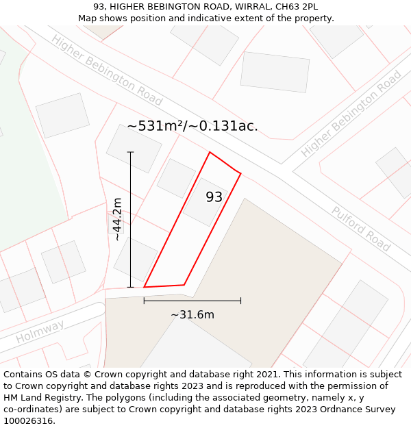 93, HIGHER BEBINGTON ROAD, WIRRAL, CH63 2PL: Plot and title map