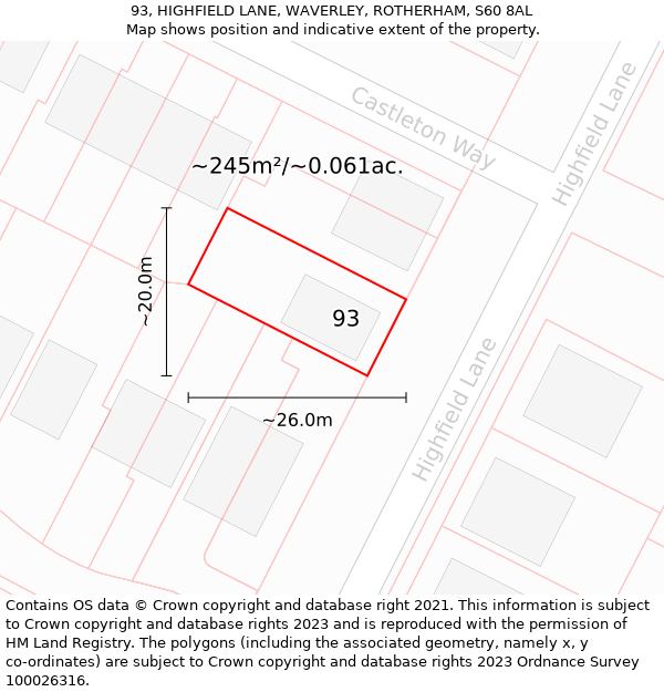 93, HIGHFIELD LANE, WAVERLEY, ROTHERHAM, S60 8AL: Plot and title map