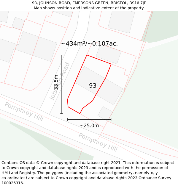 93, JOHNSON ROAD, EMERSONS GREEN, BRISTOL, BS16 7JP: Plot and title map
