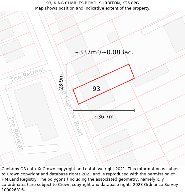 93, KING CHARLES ROAD, SURBITON, KT5 8PG: Plot and title map