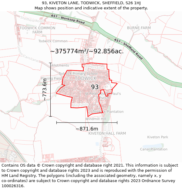 93, KIVETON LANE, TODWICK, SHEFFIELD, S26 1HJ: Plot and title map