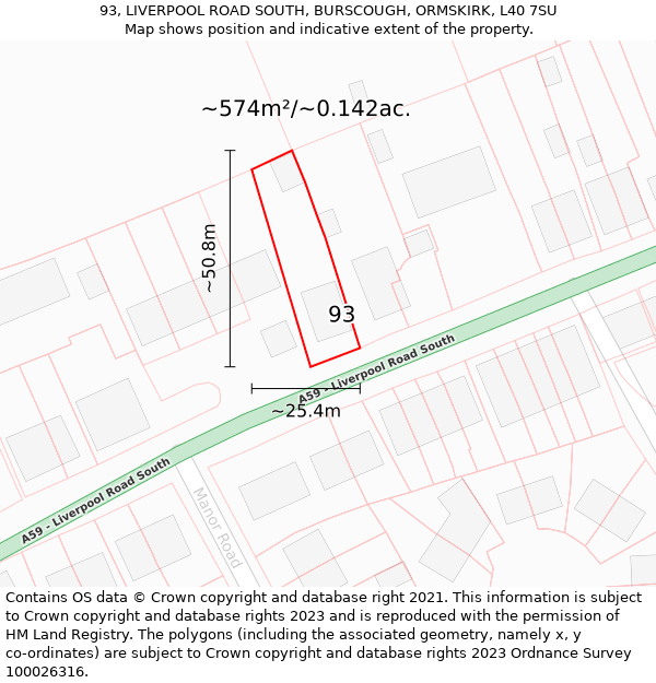 93, LIVERPOOL ROAD SOUTH, BURSCOUGH, ORMSKIRK, L40 7SU: Plot and title map