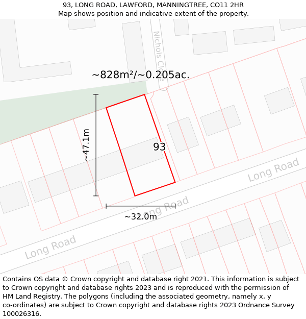 93, LONG ROAD, LAWFORD, MANNINGTREE, CO11 2HR: Plot and title map