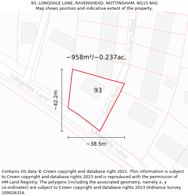 93, LONGDALE LANE, RAVENSHEAD, NOTTINGHAM, NG15 9AG: Plot and title map