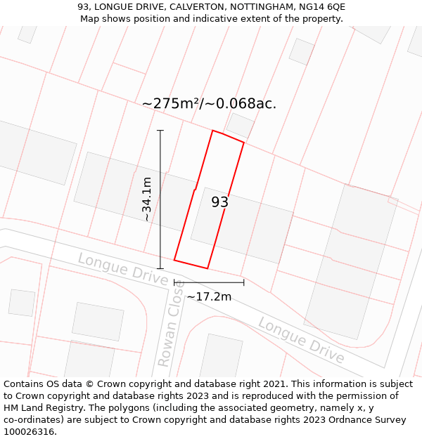 93, LONGUE DRIVE, CALVERTON, NOTTINGHAM, NG14 6QE: Plot and title map