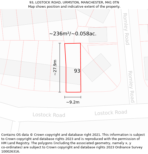 93, LOSTOCK ROAD, URMSTON, MANCHESTER, M41 0TN: Plot and title map