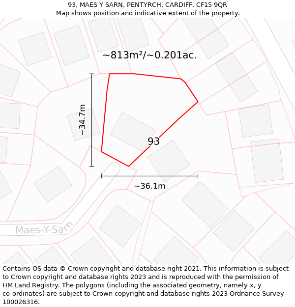93, MAES Y SARN, PENTYRCH, CARDIFF, CF15 9QR: Plot and title map