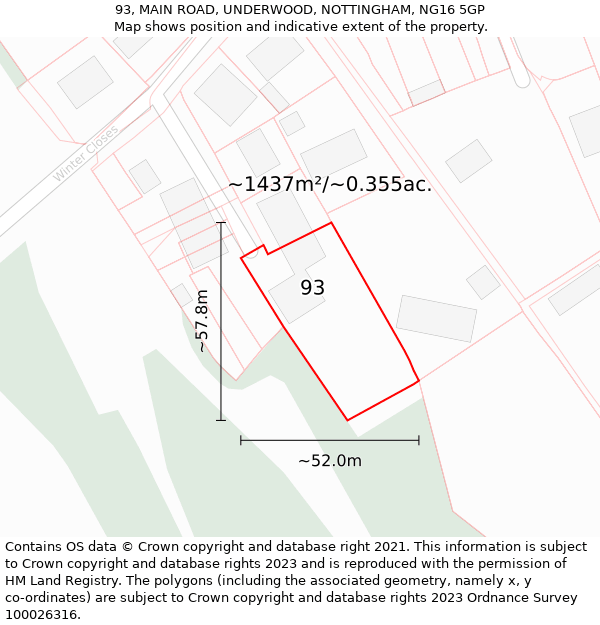 93, MAIN ROAD, UNDERWOOD, NOTTINGHAM, NG16 5GP: Plot and title map