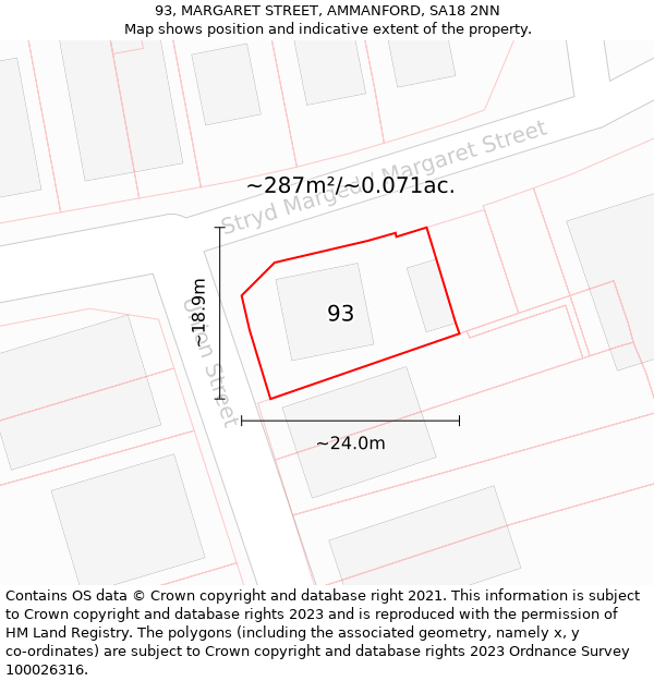 93, MARGARET STREET, AMMANFORD, SA18 2NN: Plot and title map