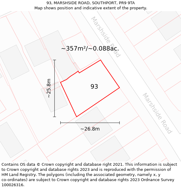 93, MARSHSIDE ROAD, SOUTHPORT, PR9 9TA: Plot and title map