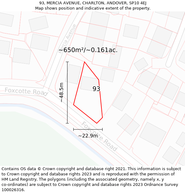 93, MERCIA AVENUE, CHARLTON, ANDOVER, SP10 4EJ: Plot and title map