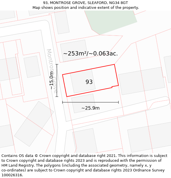 93, MONTROSE GROVE, SLEAFORD, NG34 8GT: Plot and title map