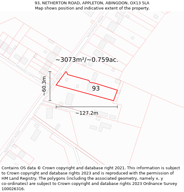 93, NETHERTON ROAD, APPLETON, ABINGDON, OX13 5LA: Plot and title map