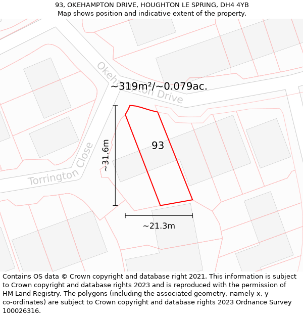 93, OKEHAMPTON DRIVE, HOUGHTON LE SPRING, DH4 4YB: Plot and title map