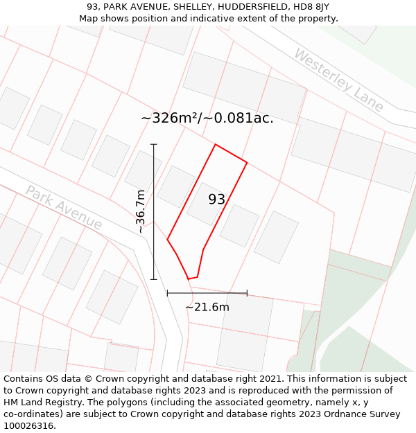 93, PARK AVENUE, SHELLEY, HUDDERSFIELD, HD8 8JY: Plot and title map