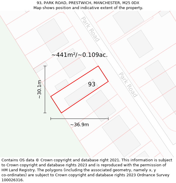 93, PARK ROAD, PRESTWICH, MANCHESTER, M25 0DX: Plot and title map