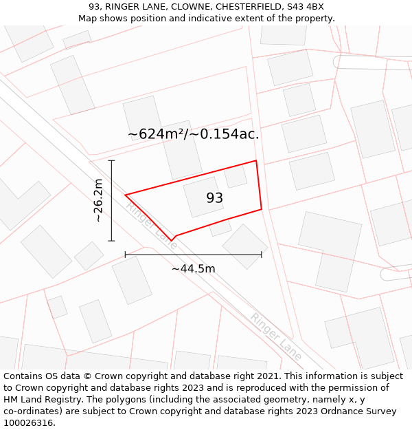 93, RINGER LANE, CLOWNE, CHESTERFIELD, S43 4BX: Plot and title map