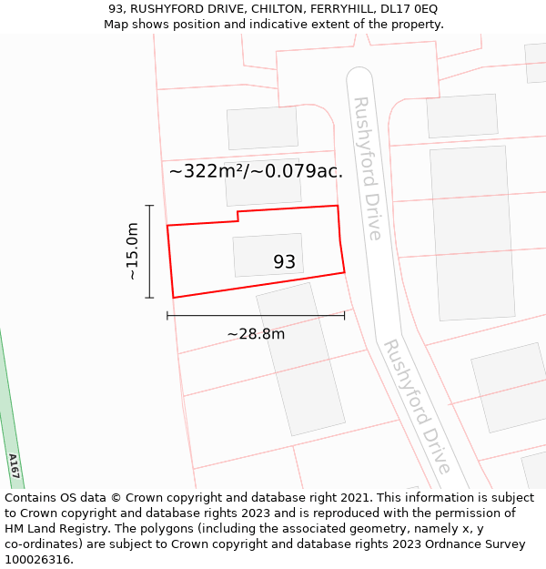 93, RUSHYFORD DRIVE, CHILTON, FERRYHILL, DL17 0EQ: Plot and title map