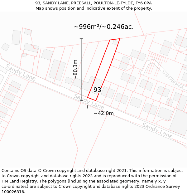 93, SANDY LANE, PREESALL, POULTON-LE-FYLDE, FY6 0PA: Plot and title map