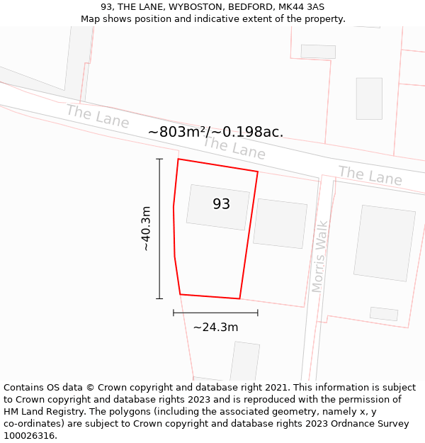 93, THE LANE, WYBOSTON, BEDFORD, MK44 3AS: Plot and title map