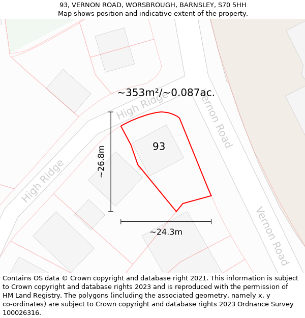 93, VERNON ROAD, WORSBROUGH, BARNSLEY, S70 5HH: Plot and title map
