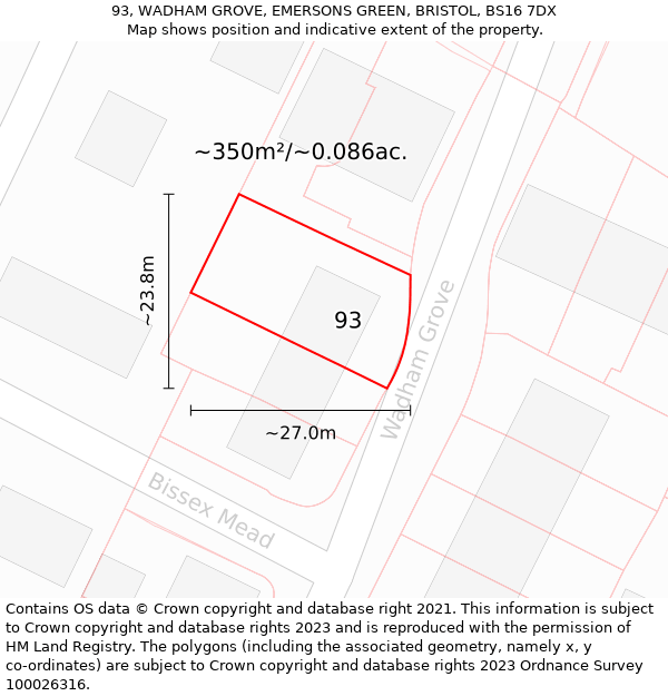 93, WADHAM GROVE, EMERSONS GREEN, BRISTOL, BS16 7DX: Plot and title map