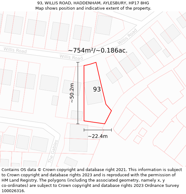 93, WILLIS ROAD, HADDENHAM, AYLESBURY, HP17 8HG: Plot and title map