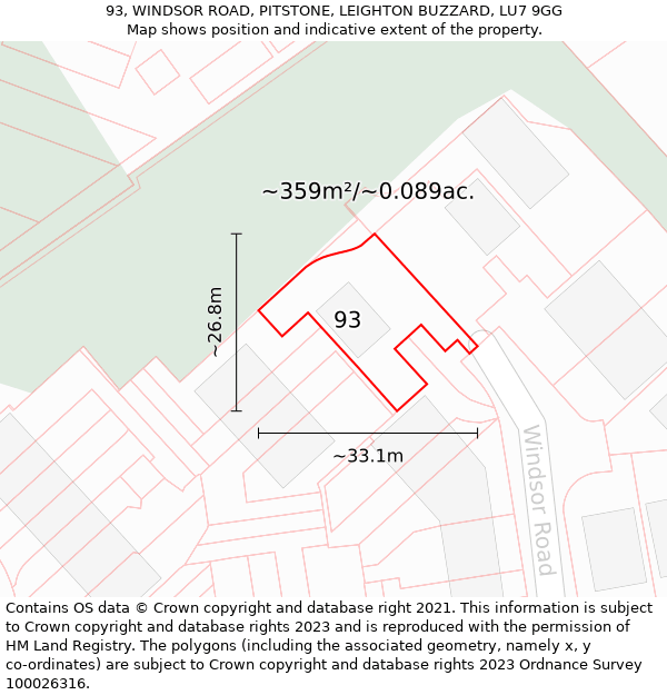 93, WINDSOR ROAD, PITSTONE, LEIGHTON BUZZARD, LU7 9GG: Plot and title map