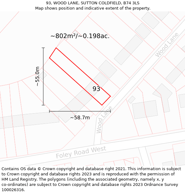 93, WOOD LANE, SUTTON COLDFIELD, B74 3LS: Plot and title map