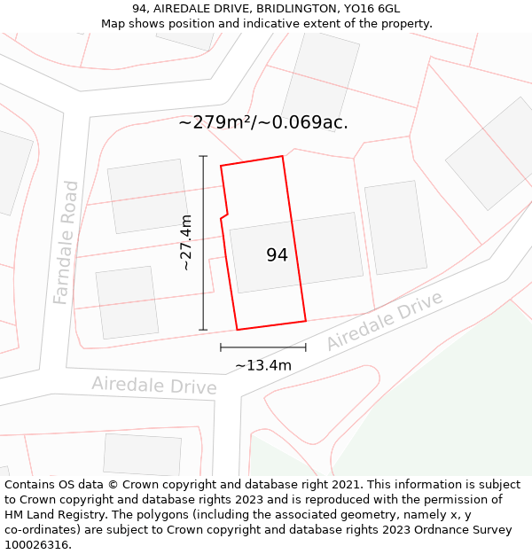 94, AIREDALE DRIVE, BRIDLINGTON, YO16 6GL: Plot and title map