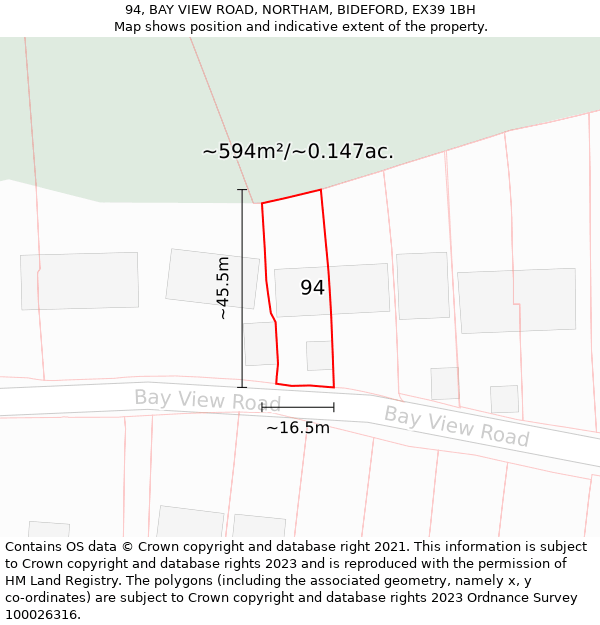 94, BAY VIEW ROAD, NORTHAM, BIDEFORD, EX39 1BH: Plot and title map