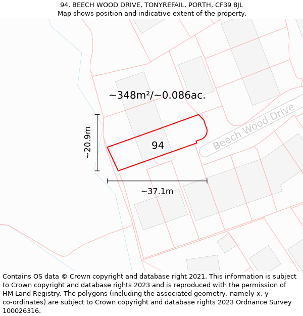 94, BEECH WOOD DRIVE, TONYREFAIL, PORTH, CF39 8JL: Plot and title map