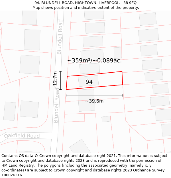 94, BLUNDELL ROAD, HIGHTOWN, LIVERPOOL, L38 9EQ: Plot and title map