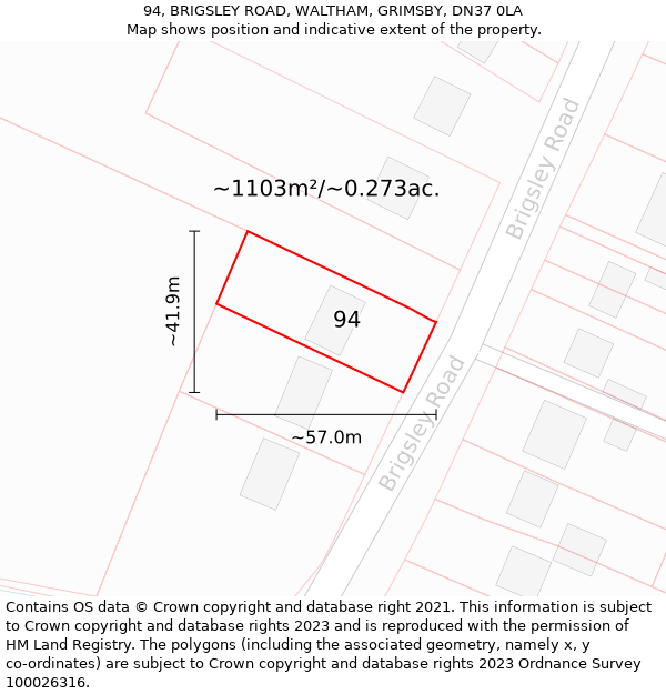 94, BRIGSLEY ROAD, WALTHAM, GRIMSBY, DN37 0LA: Plot and title map