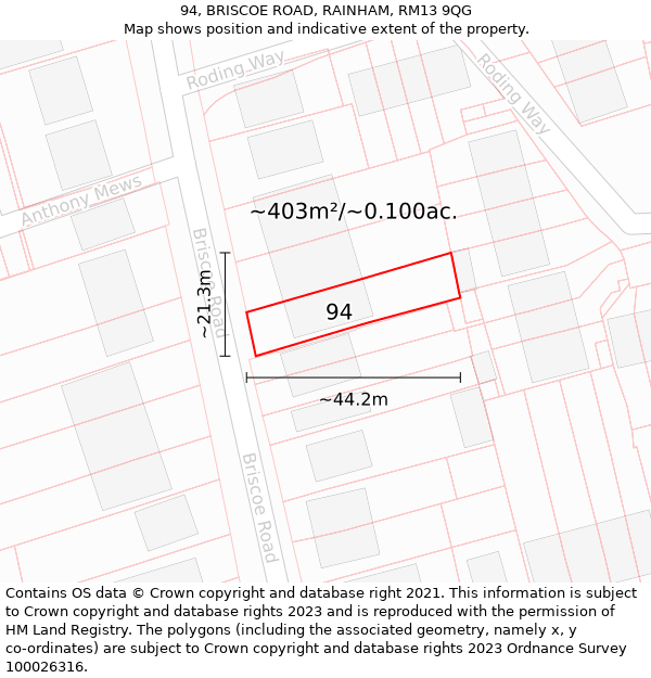 94, BRISCOE ROAD, RAINHAM, RM13 9QG: Plot and title map