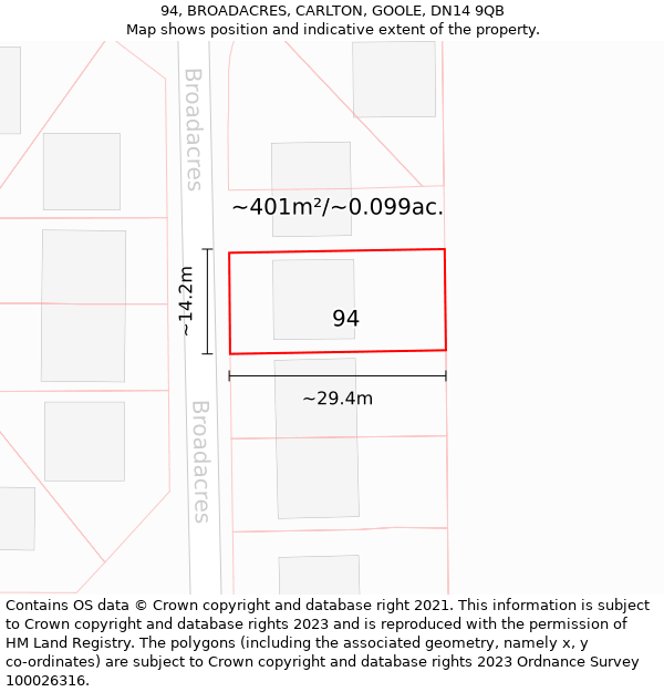 94, BROADACRES, CARLTON, GOOLE, DN14 9QB: Plot and title map