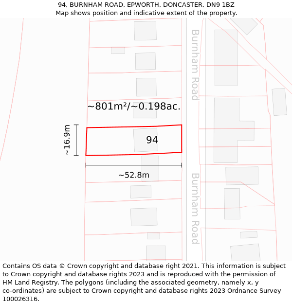 94, BURNHAM ROAD, EPWORTH, DONCASTER, DN9 1BZ: Plot and title map