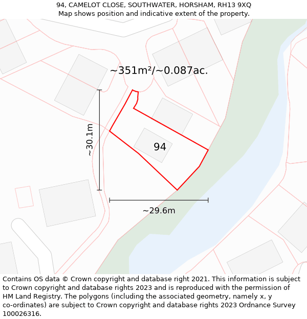 94, CAMELOT CLOSE, SOUTHWATER, HORSHAM, RH13 9XQ: Plot and title map