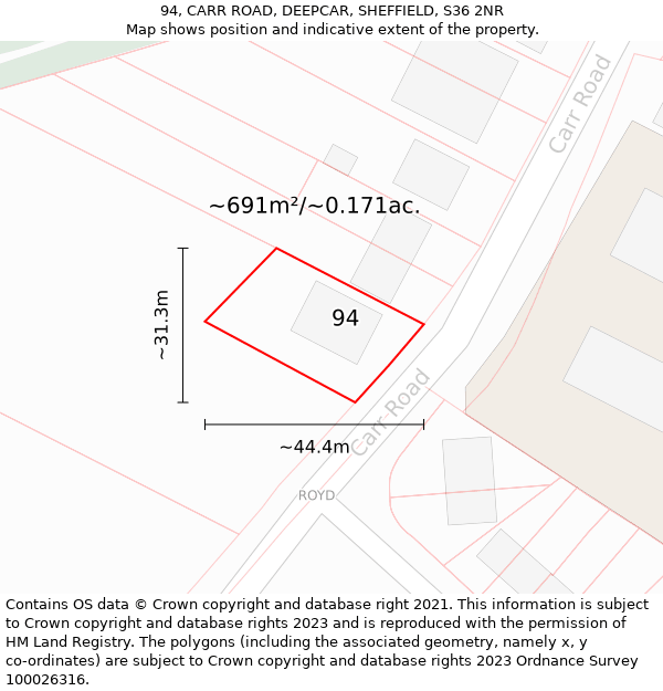 94, CARR ROAD, DEEPCAR, SHEFFIELD, S36 2NR: Plot and title map