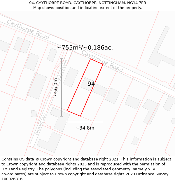 94, CAYTHORPE ROAD, CAYTHORPE, NOTTINGHAM, NG14 7EB: Plot and title map