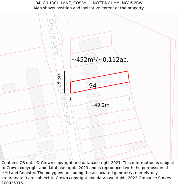 94, CHURCH LANE, COSSALL, NOTTINGHAM, NG16 2RW: Plot and title map