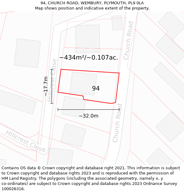 94, CHURCH ROAD, WEMBURY, PLYMOUTH, PL9 0LA: Plot and title map