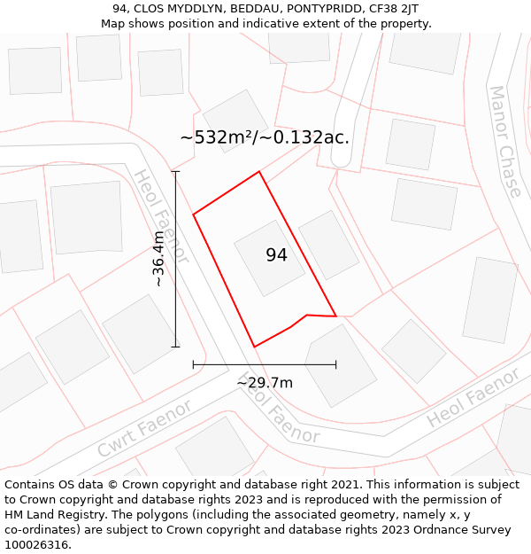 94, CLOS MYDDLYN, BEDDAU, PONTYPRIDD, CF38 2JT: Plot and title map