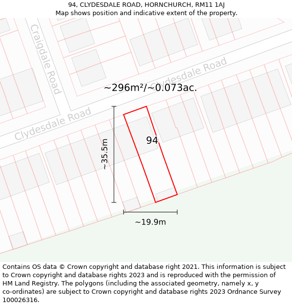 94, CLYDESDALE ROAD, HORNCHURCH, RM11 1AJ: Plot and title map